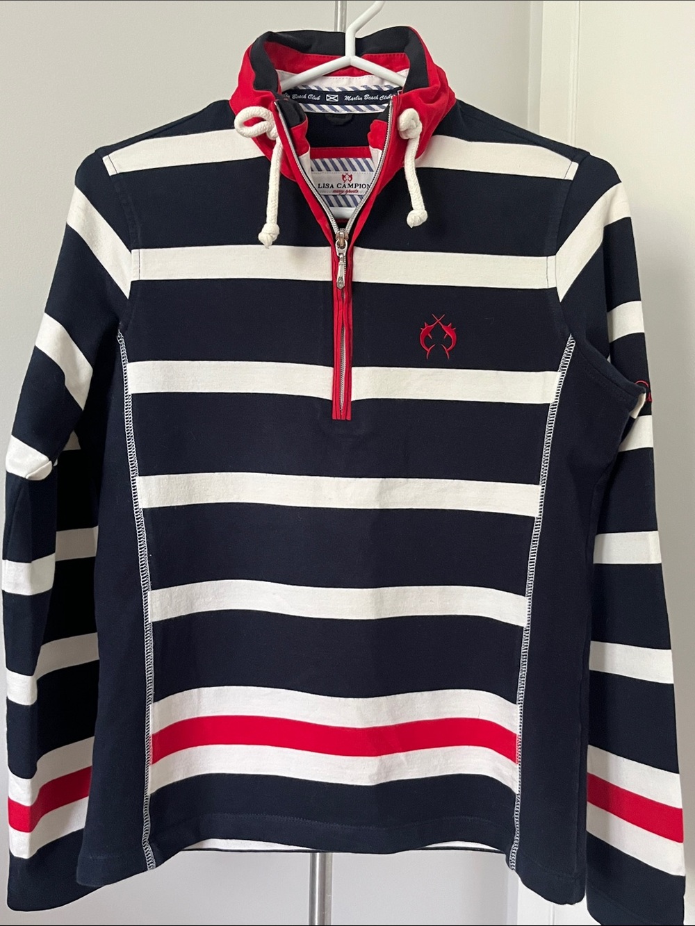 Womens Navy & White Striped Half-Zip Pullover Sweater - Red Accent